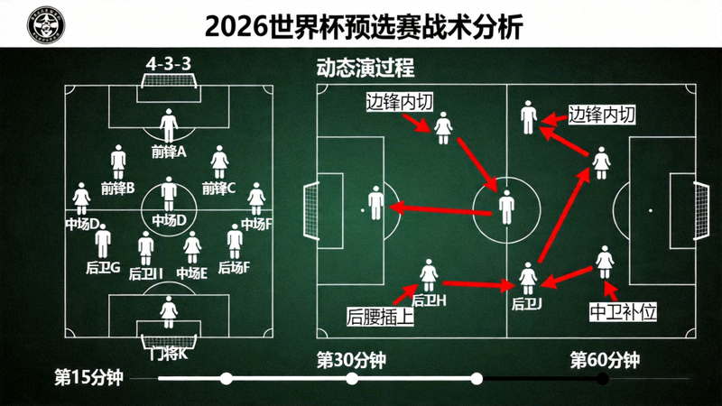 2026世界杯预选赛战术分析板图示，展示球员跑位与阵型演变