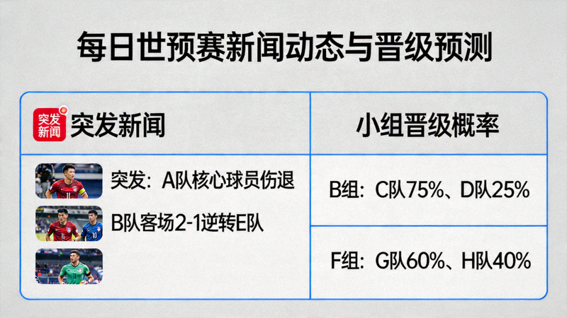 每日世预赛新闻动态与晋级预测看板，包含突发新闻图标