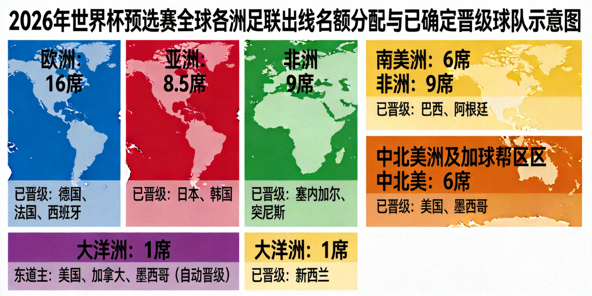 2026年世界杯预选赛全球各洲足联出线名额分配与已确定晋级球队示意图