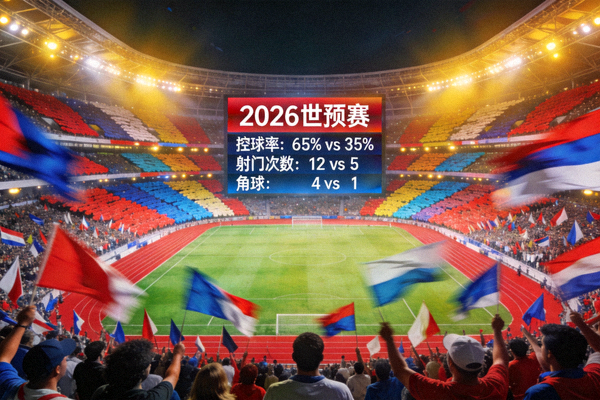2026世预赛球场全景：座无虚席的体育场，球迷挥舞旗帜，大屏幕显示比赛数据统计