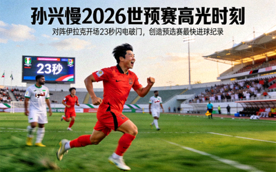 孙兴慜2026世预赛高光时刻：对阵伊拉克开场23秒闪电破门，创造预选赛最快进球纪录